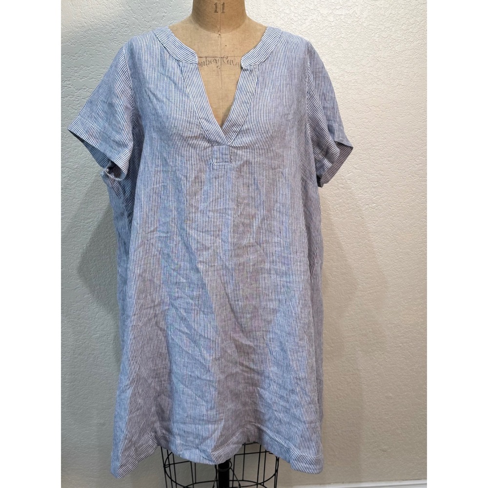 Tahari Women 2X Blue White Striped 100% Linen V-Neck Short Sleeve Shift Dress